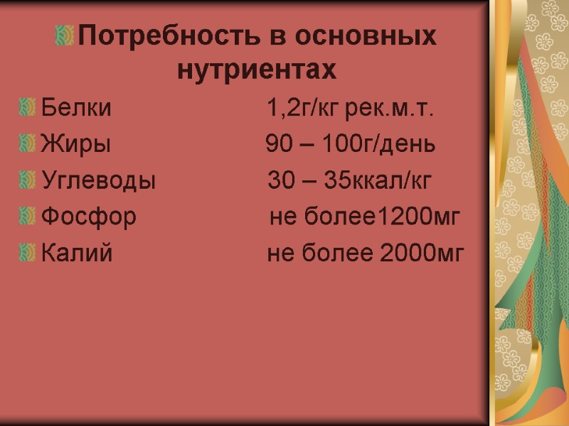 Потребность в основных нутриентах Белки         
